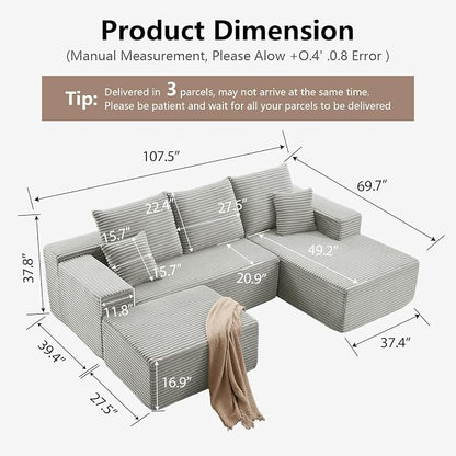 107" Comfy U-Shaped Sectional Modern Boneless Corduroy Couch - Image 2
