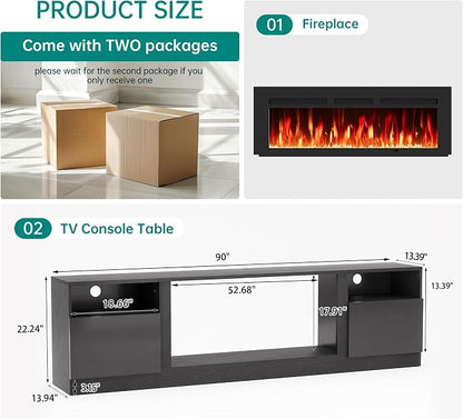 oneinmil 90” TV Stand with 50” Electric Fireplace, Large Modern Media - Image 2