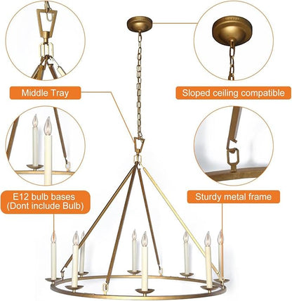 LOVEDIMA Gold Wagon Wheel Chandelier Rustic 35.4'' Candle-Shaped Metal - Image 2