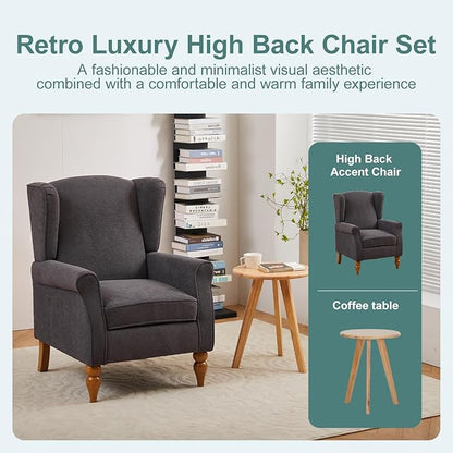 Coffee Table & Armchair Set, High-Back Wingback Chair - Image 3