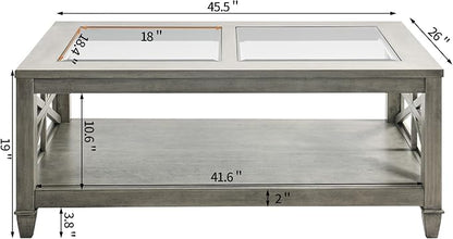 Solid Wood Coffee Table with Tempered Glass Top, 2-Tier 45.5" X 26" Farmhouse - Image 2