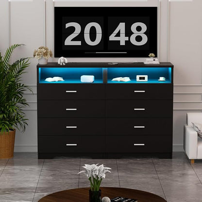FJTJBSI Dresser with Power Outlets and LED Lights Wooden 4 Drawer Dresser with - Image 2