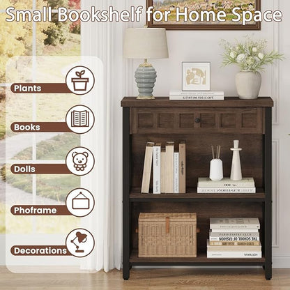 FATORRI Small Bookcase with Drawer, Industrial 3 Shelf Bookshelf, Wood and - Image 3