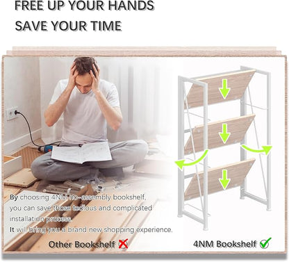 4NM No Assembly Folding Bookshelf Storage Shelves 3 Tiers Vintage Bookcase - Image 6