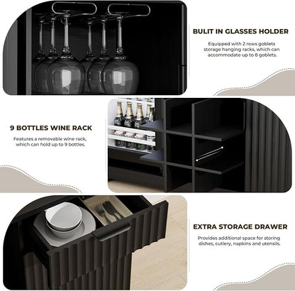Coffee Bar Cabinet with Fridge, Fluted Wine Bar Cabinet with Wine Rack and - Image 6