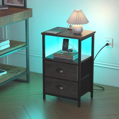 sthmec Nightstand with Charging Station, LED Night Stand with 2 Fabric Drawers - Image 4