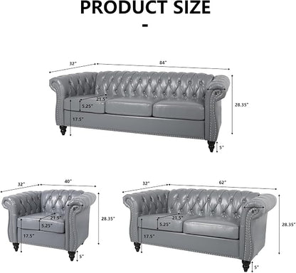 AVZEAR Chesterfield Leather Sofa 3 Seater Couch, Mid-Century Large Sofa Roll - Image 2