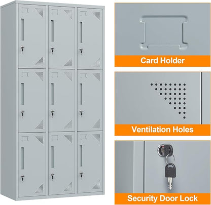 Metal Locker with 9 Doors Employees Locker, Metal Storage Locker with Hooks - Image 4