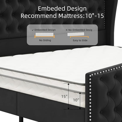 BRELTAM Upholstered Queen Size Bed Frame Velvet Black Tufted Platform Bed Frame - Image 6