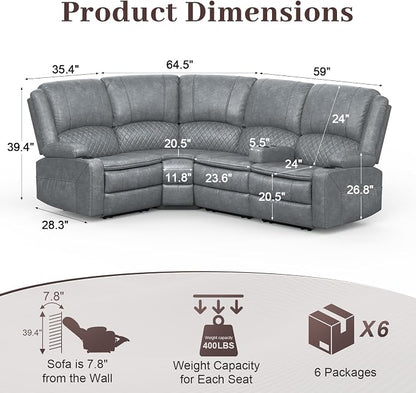 Yolsali Manual Reclining Sectional Sofa Set, 4 Seats Soft Leather Recliner - Image 2