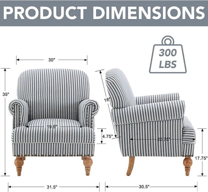 Blue Striped Linen Fabric Accent Chairs Set of 2, Coastal Upholstered Armchairs - Image 2