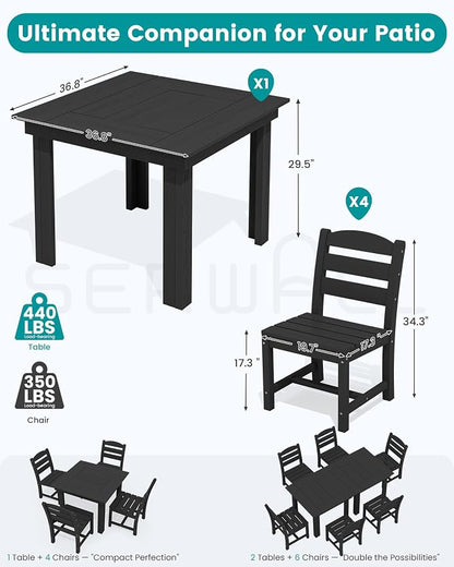 SERWALL Outdoor Dining Set for 4, HDPE Square Table and Chairs Set All Weather - Image 2