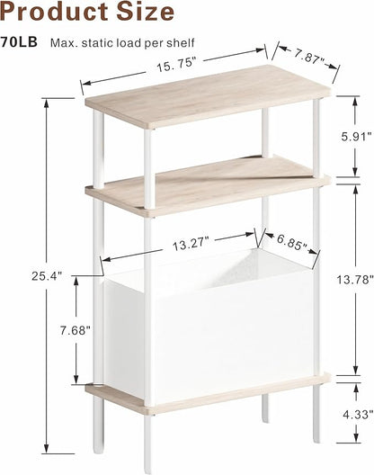 Narrow Side Table with Fabric Basket, Slim Nightstand with 3-Tier Storage Shelf - Image 3