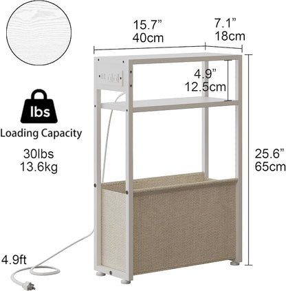 Leomonio White Side Table with Charging Station, Slim End Tables with Linen - Image 2