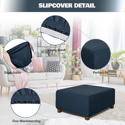 NeColorLife Square Ottoman Cover Jacquard Fabric Slipcover Thick Stretchable - Image 2