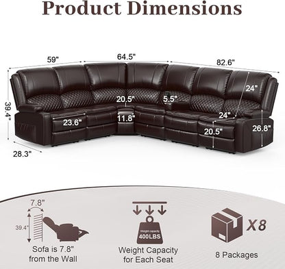 Yolsali Manual Reclining Sectional Sofa Set, 6 Seats Soft Leather Recliner - Image 2