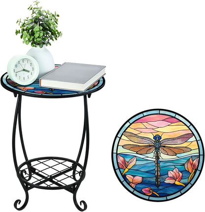 Cinnvoice Outdoor Side Table Round Small Mosaic Patio Accent Indoor End Plant - Image 6