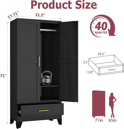 GAIOUS Steel Armoire Wardrobe Closet, 1 Adjustable Shelf and 1 Drawers - Image 2