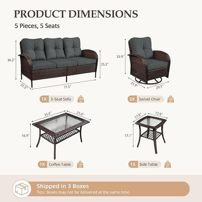 UPHA 5 Pieces Patio Furniture Sets, Wicker Outdoor 3-Seat Sofa Set - Image 2