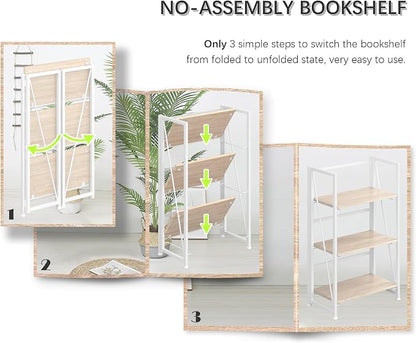 4NM No Assembly Folding Bookshelf Storage Shelves 3 Tiers Vintage Bookcase - Image 5