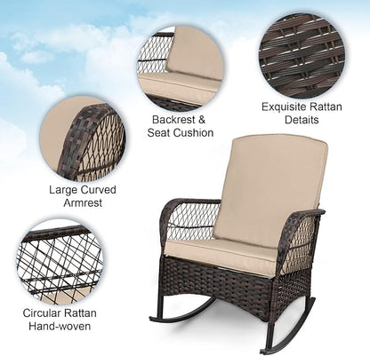 LEVELEVE 3 pcs Rocking Bistro Set Conversation Chairs PE Wicker Outdoor Rocking - Image 3