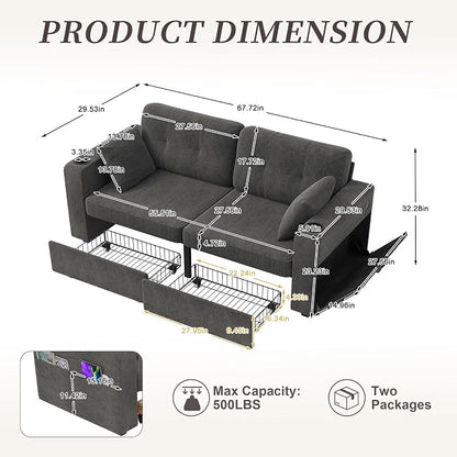 67" Small Loveseat Couch with Storage, USB Charging and Cup Holder, Space - Image 3