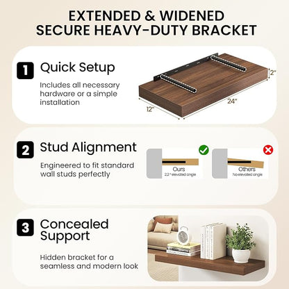 Fun Memories 12 Inch Deep Walnut Floating Shelf, 24 x 12 Rustic Wood Wall Shelf - Image 6