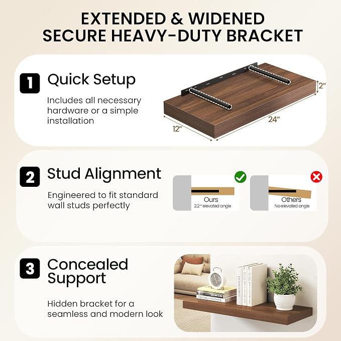 30Inch Walnut Floating Shelves for Wall, 12 Inch Deep Shelves for Bedroom - Image 7