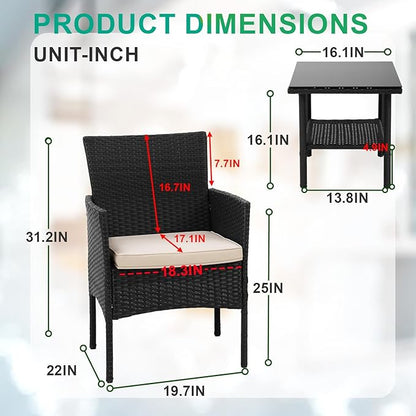 FDW 3 Pieces Patio Furniture Set Outdoor Wicker Bistro Sets Modern Rattan Chair - Image 7