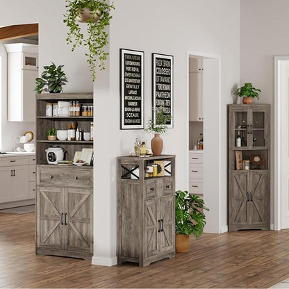 Farmhouse Storage Cabinet with Barn Doors and Open Shelf, Kitchen Pantry with - Image 3