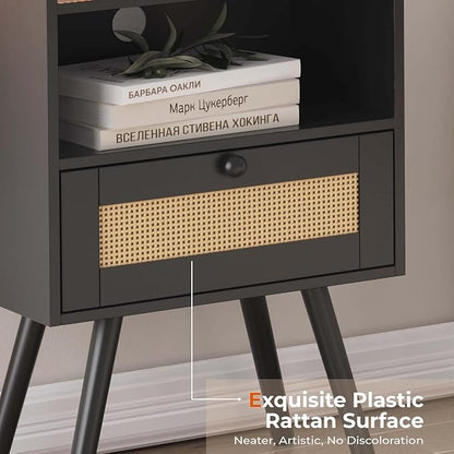 SUPERJARE Nightstand with Charging Station & Rattan-Like Decor Drawer, Rattan - Image 7