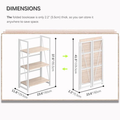 4NM No Assembly Folding Bookshelf Storage Shelves 3 Tiers Vintage Bookcase - Image 2