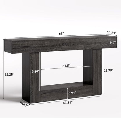 LITTLE TREE 63 Inches Long Console Table, 2-Tier Farmhouse Sofa Table Behind - Image 2