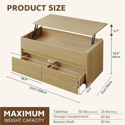 Coffee Table Lift Top with 2 Drawers, 40 Inch Multi-Function Coffee Table with - Image 2