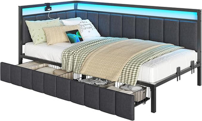 DICTAC Corner Bed Frame with 2 Storage Drawers and Charging Station Twin XL - Image 9