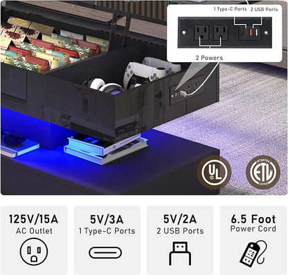 47.2" Large Lift Top Coffee Table, Modern High Glossy LED Coffee Tables - Image 3