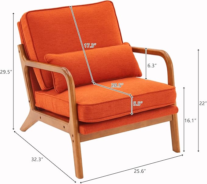 VINGLI Linen Burnt Orange Comfy Accent Chair, Mid Century Modern Lounge Armchair - Image 2