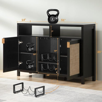 SICOTAS Rattan Coffee Bar Cabinet, Modern Liquor Wine Cabinet Set of 2 Credenza - Image 3