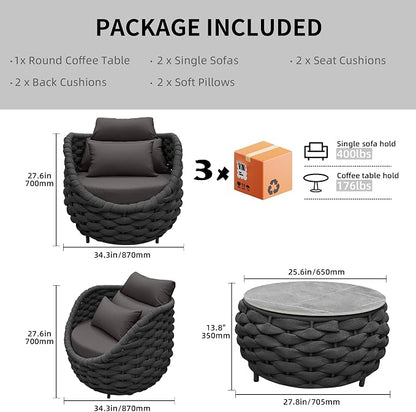 TWT 3 Pieces Aluminum Patio Furniture Set, Hand Woven Textilene Rope Outdoor - Image 2