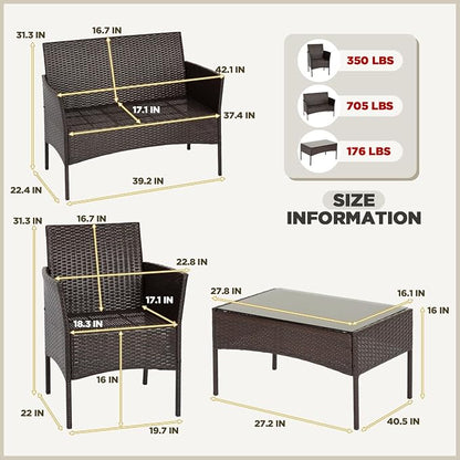 FDW | 4-Piece Patio Furniture Set | Brown & Blue | Outdoor Wicker Furniture - Image 2