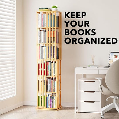 SpaceAid 6 Tier Rotating Bookshelf Tower, Bamboo Spinning Book Shelf, Revolving - Image 6