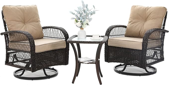 3 Pieces Patio Furniture Set, Outdoor Swivel Glider Rocker, Wicker Patio Bistro by VonzoyHome