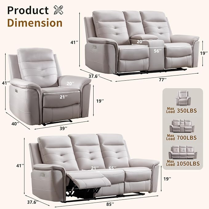 ANJ Oversized Power Reclining Loveseat Sofa Set of 2 - Image 2