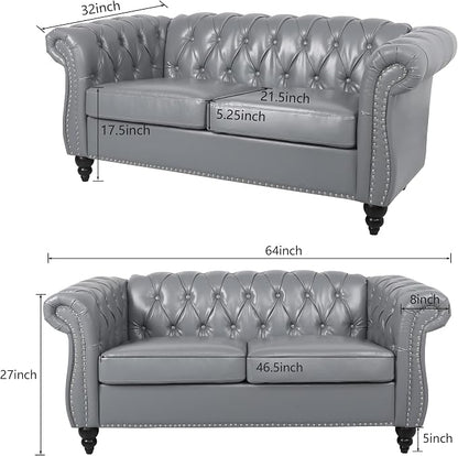 ORRD 2 Piece Living Room Set, Chesterfield Leather Sofa Couch Chair - Image 2