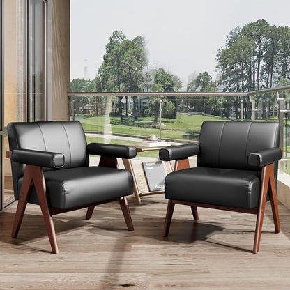 STHOUYN Black Leather Accent Chairs, Mid Century Modern Chair, Side Arm Chairs - Image 9