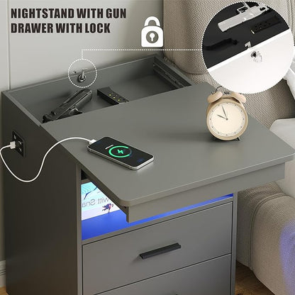 Nightstand with Gun Drawer, Charging Bedside Table with USB & Type-C Port - Image 3