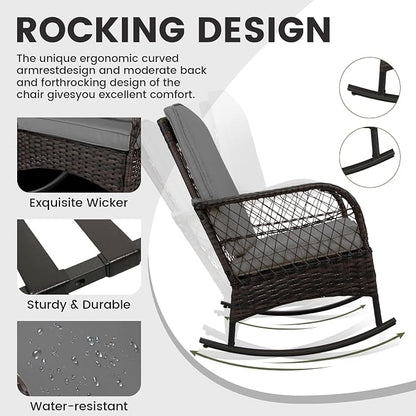 LEVELEVE 3 pcs Rocking Bistro Set Conversation Chairs PE Wicker Outdoor Rocking - Image 3