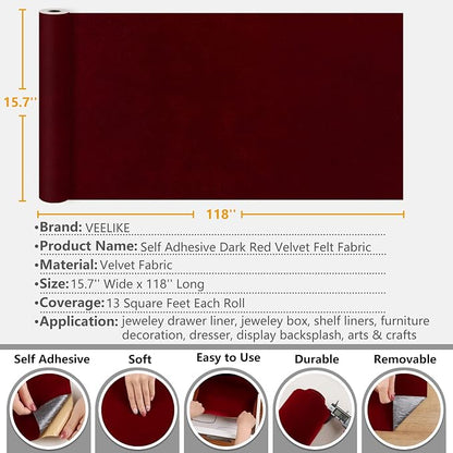 VEELIKE Dark Red Velvet Fabric Wallpaper Self Adhesive Soft Felt Drawer Liners - Image 6