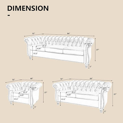 QHITTY 3 Piece Living Room Set, Sectional Chesterfield Sofa Chair Contemporary - Image 2