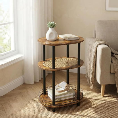 Small Rattan Side Table with Storage, 3 Tier Round/Oval End Table with Rattan by BITYODD-HOME